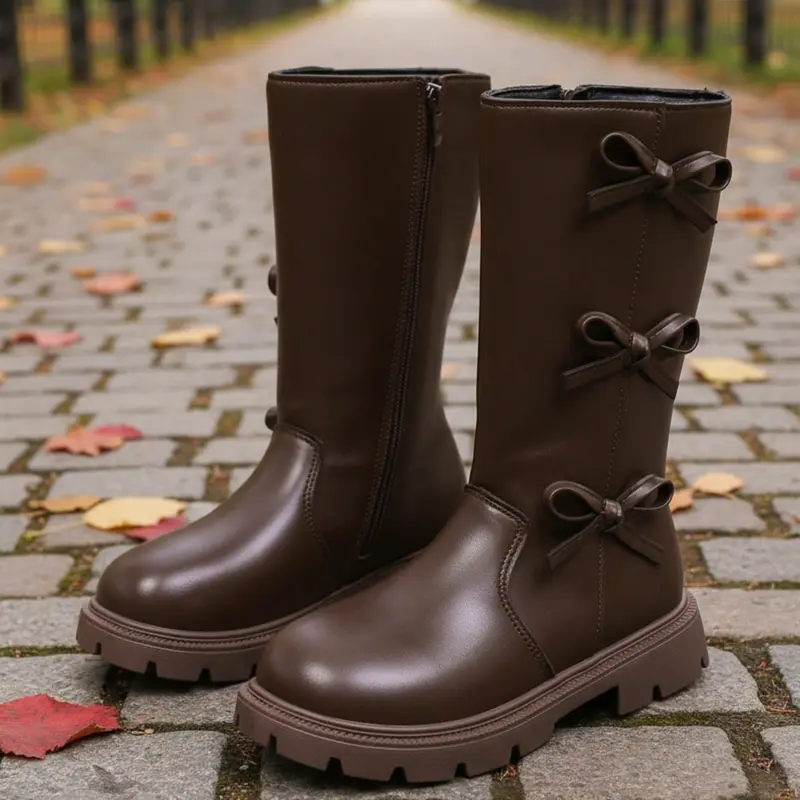 Autumn Winter New Sweet Three Bow Girl High Top Leather Boots, Side Zip Thick Sole Anti-Slip Two Colors, Elegant Knight Long Boots