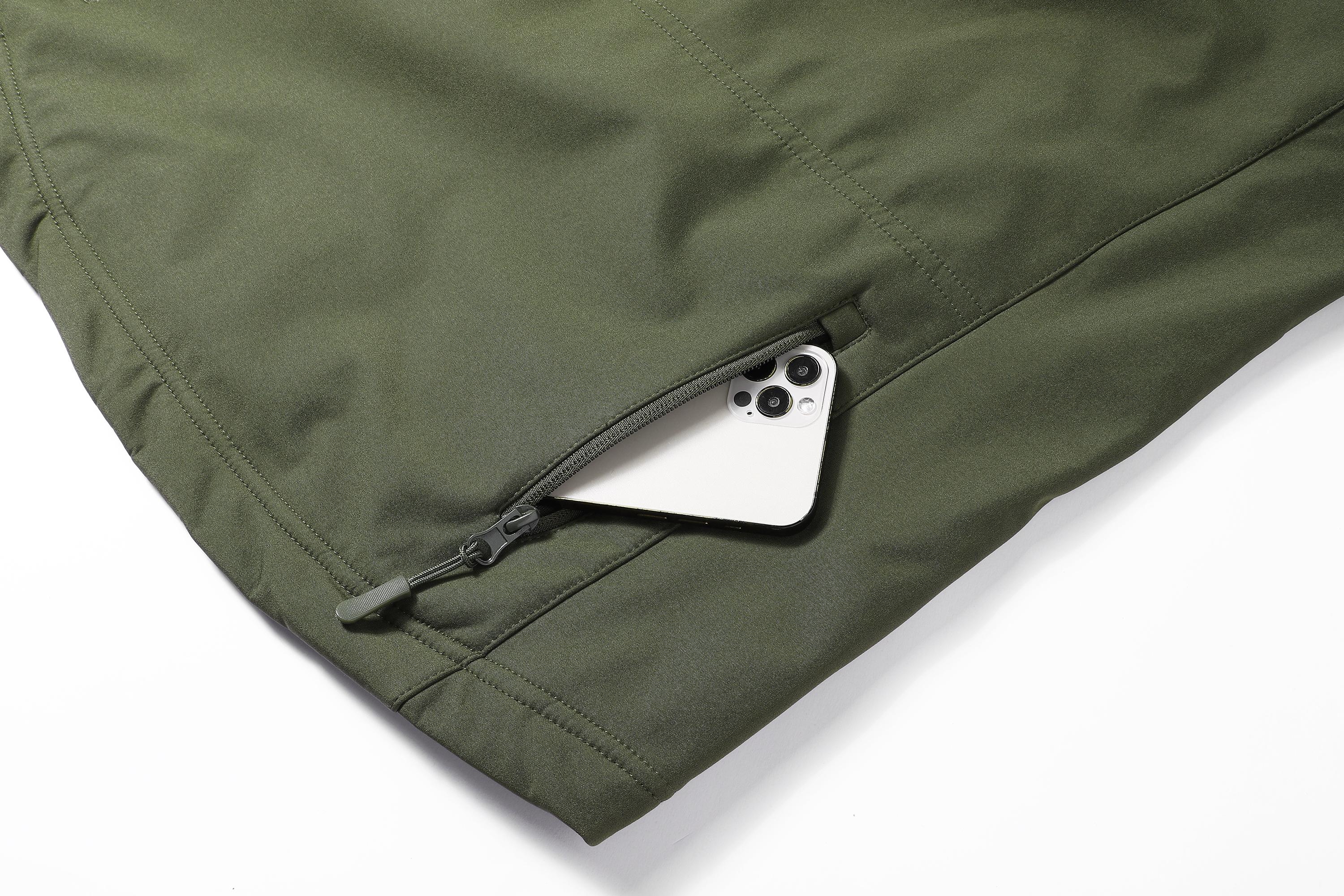 A men's hooded jacket with an outdoor and functional style features multiple zipper pockets distributed on the chest, arms, etc., making it convenient to store various small items and highly practical. Hood with drawstring closure