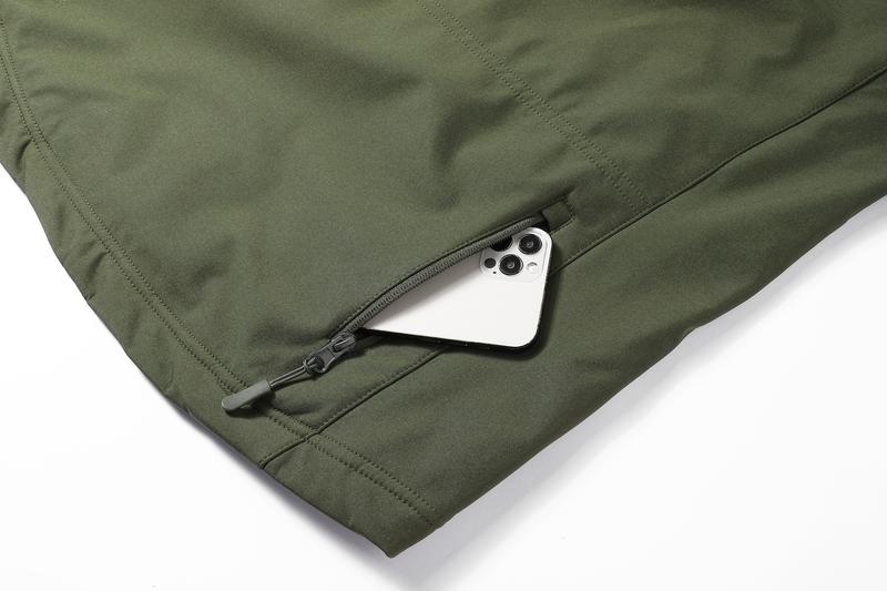 A men's hooded jacket with an outdoor and functional style features multiple zipper pockets distributed on the chest, arms, etc., making it convenient to store various small items and highly practical. Hood with drawstring closure