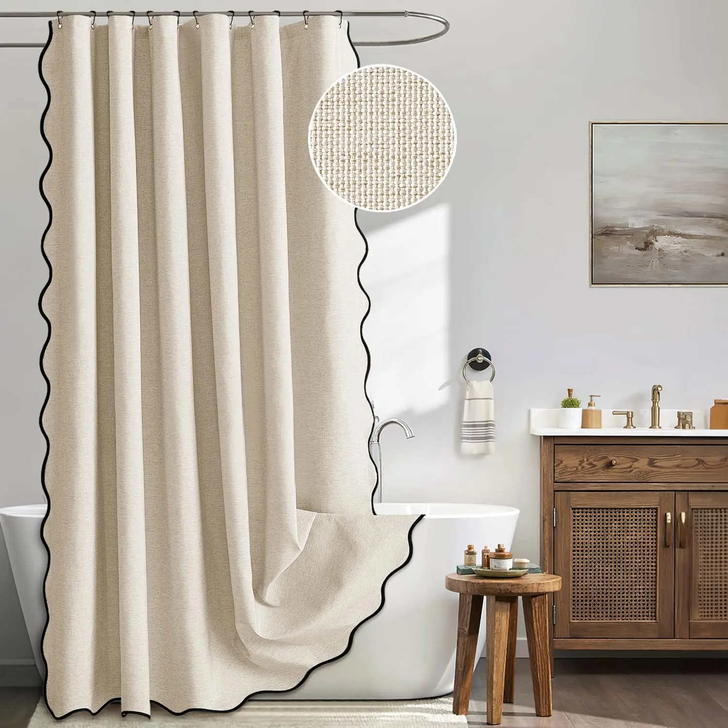 Linen-Textured Scalloped Edge Neutral Cloth Shower Curtain with Black Border, 12 Metal Hooks, Heavy-Duty, Washable, Waterproof, Thick, 72in W x 72in L, Beige Cream for Bathroom Bathtubs, Resistant