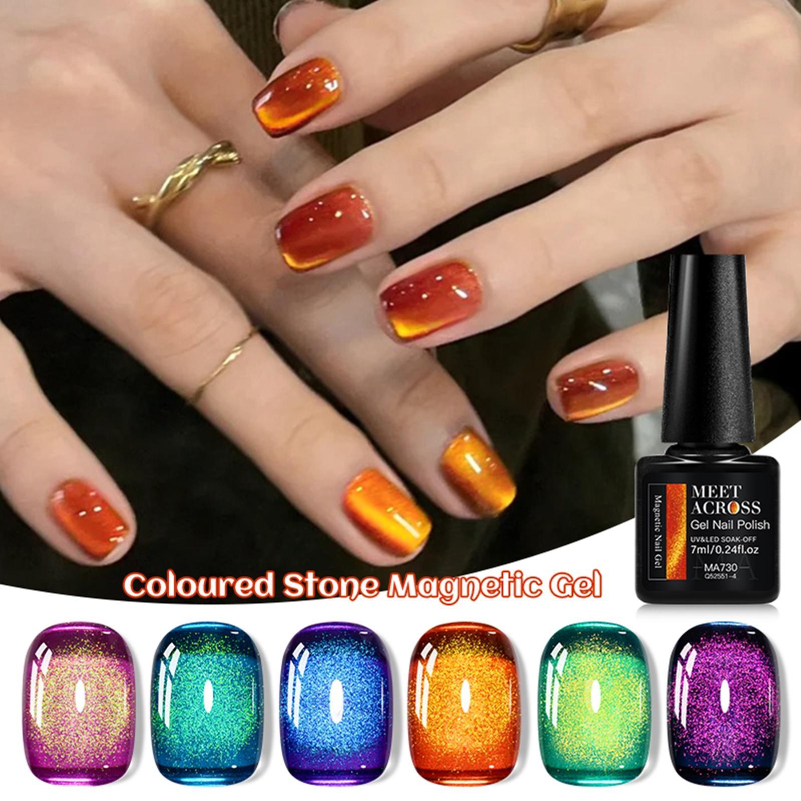 MEET ACROSS 7 Pcs Colorful Gem Cat Eye Gel Nail Polish Set, Super Bright Magnetic Transparent Long-Lasting Soak-Off Gel for Home or Salon UV/LED Nail Art DIY