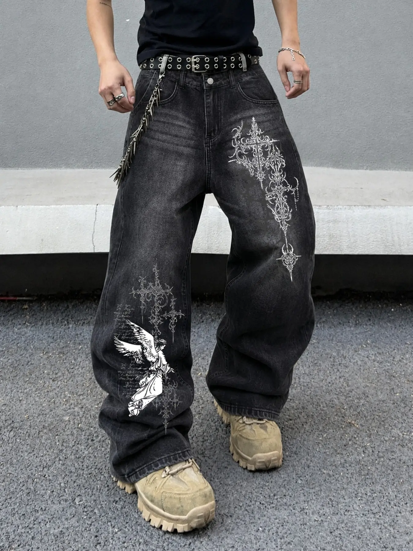 Men's Washed Gothic Pattern Jeans, Loose Wide Leg, Floral Print Casual Streetwear, Button Fly, All Seasons, Daily Wear