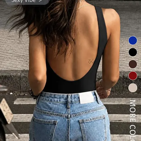 Women's Slim-Fitting Backless Jumpsuit in Solid Color, Deep U Neck Sleeveless Strap Going out Bodysuit for Valentine's Day, Sexy Fashion Style, Lady, Womenswear, Fabric