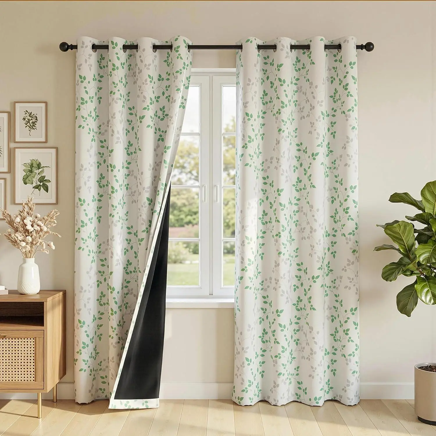 95% Blackout Curtains for Bedroom, Green and Grey Leaf Curtains 84 Inches Long 2 Panels, Patterned Curtain Living Room Thermal Insulated Room Darkening Grommet Drapes, Each Panel 52" W