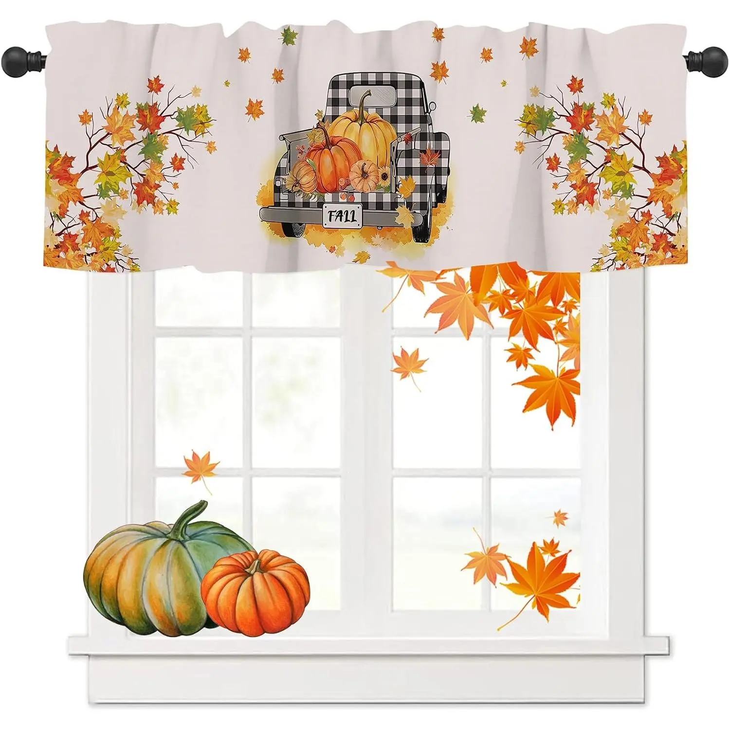 Thanksgiving Fall Window Valances Farm  Kitchen Short Curtains with Rod Pocket Valance Drapes Orange Pumpkin Maple Leaf  Window  Autumn Decor 54" X 18", 1 Panel
