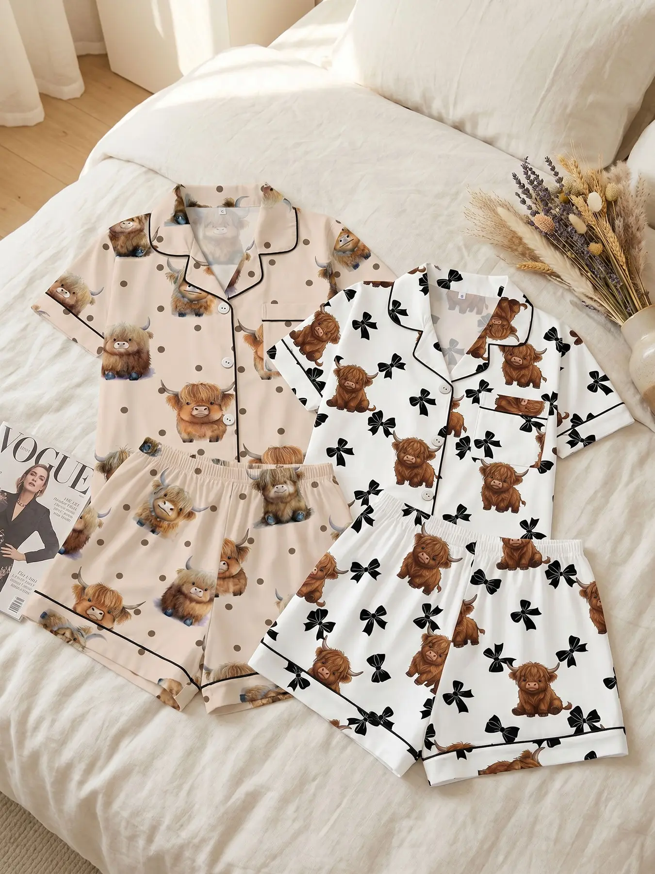 Women's 2 Pack Short Sleeve Button Down Top and Shorts Pajama Set, Spring Summer Wear, Dayjama Style Highland Cow Print Set, Loose Fit, Casual Loungewear for Home & Errands