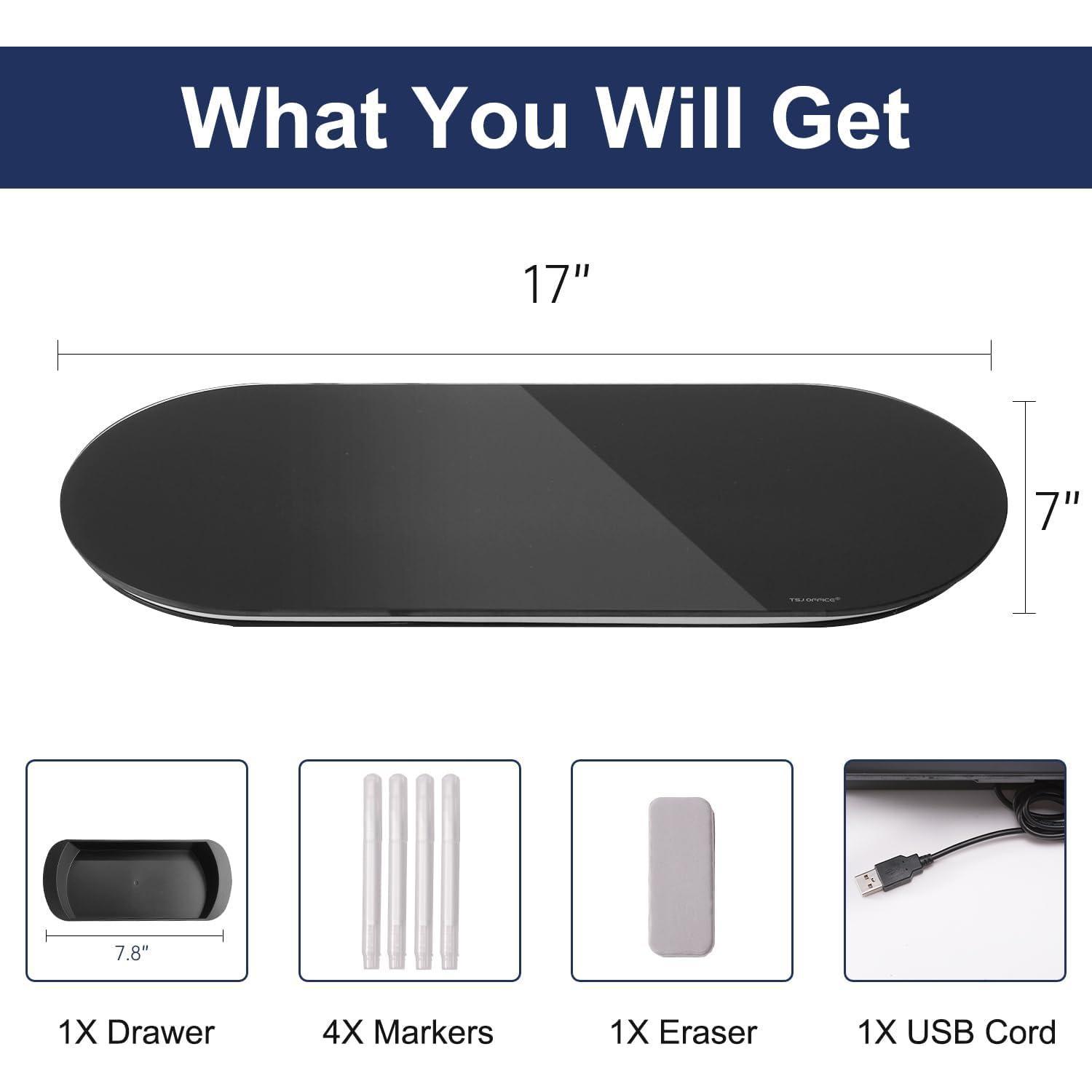 Glass Desktop Whiteboard - 17 X 7 Inches Small Dry Erase Board with  Light, Black Glass White Board Surface Notepad with 1 Drawer, Desk Organizers for , , School Supplies