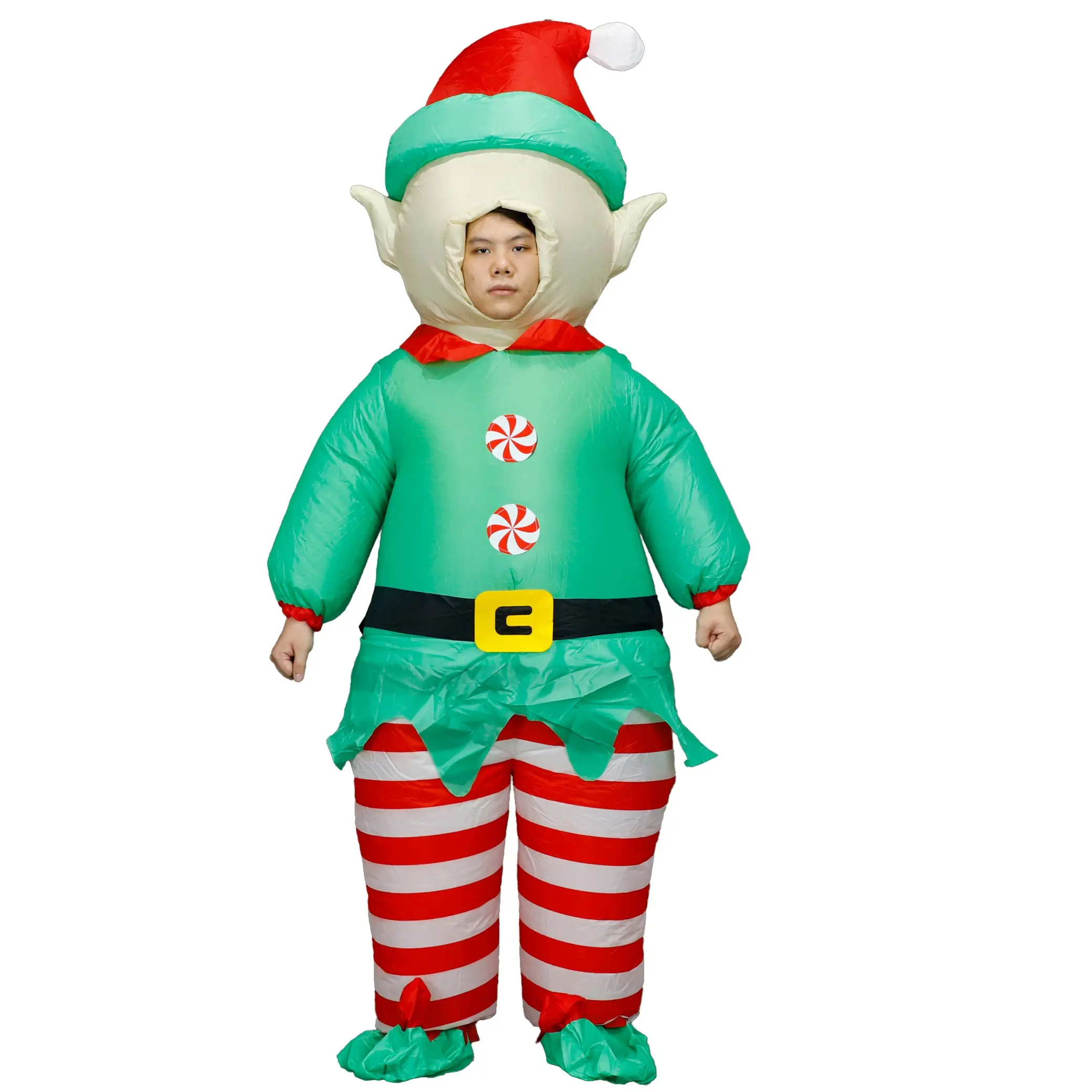 Cute Candy Print Inflatable Christmas Elf Costume, Unisex One-Size Inflatable Set, Perfect for Christmas Photo Backdrop and Dress-Up Contest
