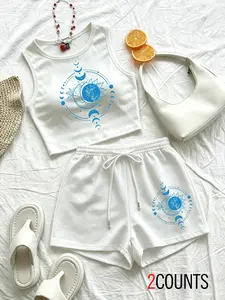 Star Moon Sunflower Print Short Set, Casual Boho Style, Slim Fit Tank Top & High Waist Shorts, Perfect for Summer