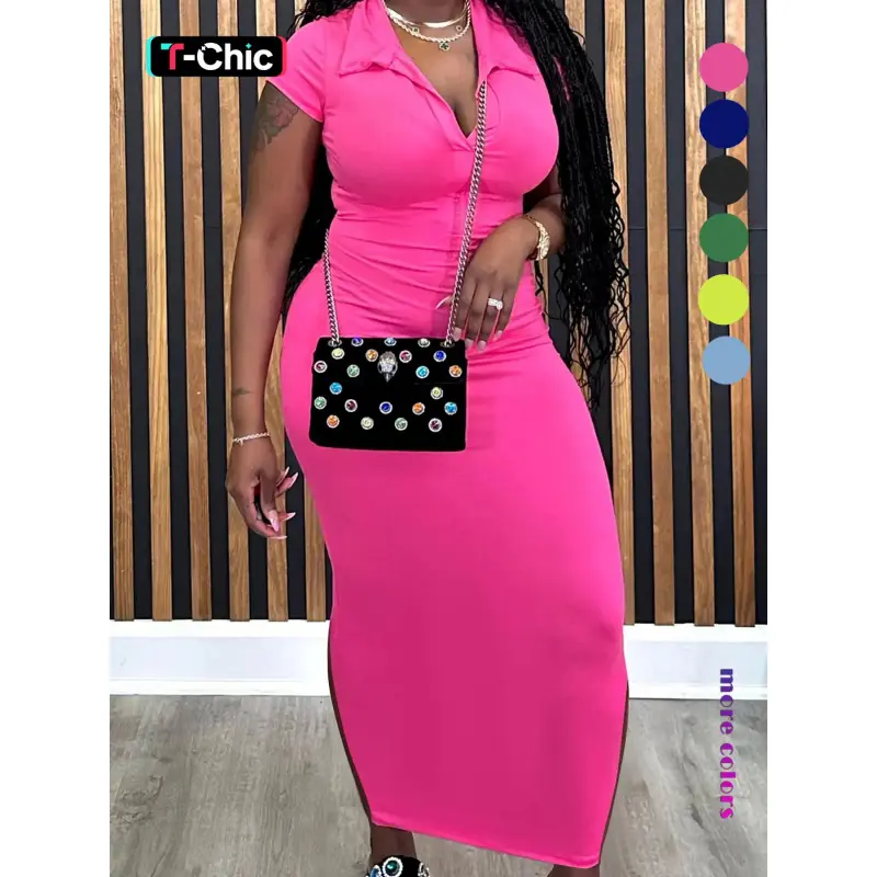 Women's Plain Collared Knitted Bodycon Fit Dress, Solid Color Short Sleeve Long Dress, Ladies Clothes for All Seasons, Casual Wear, Basic