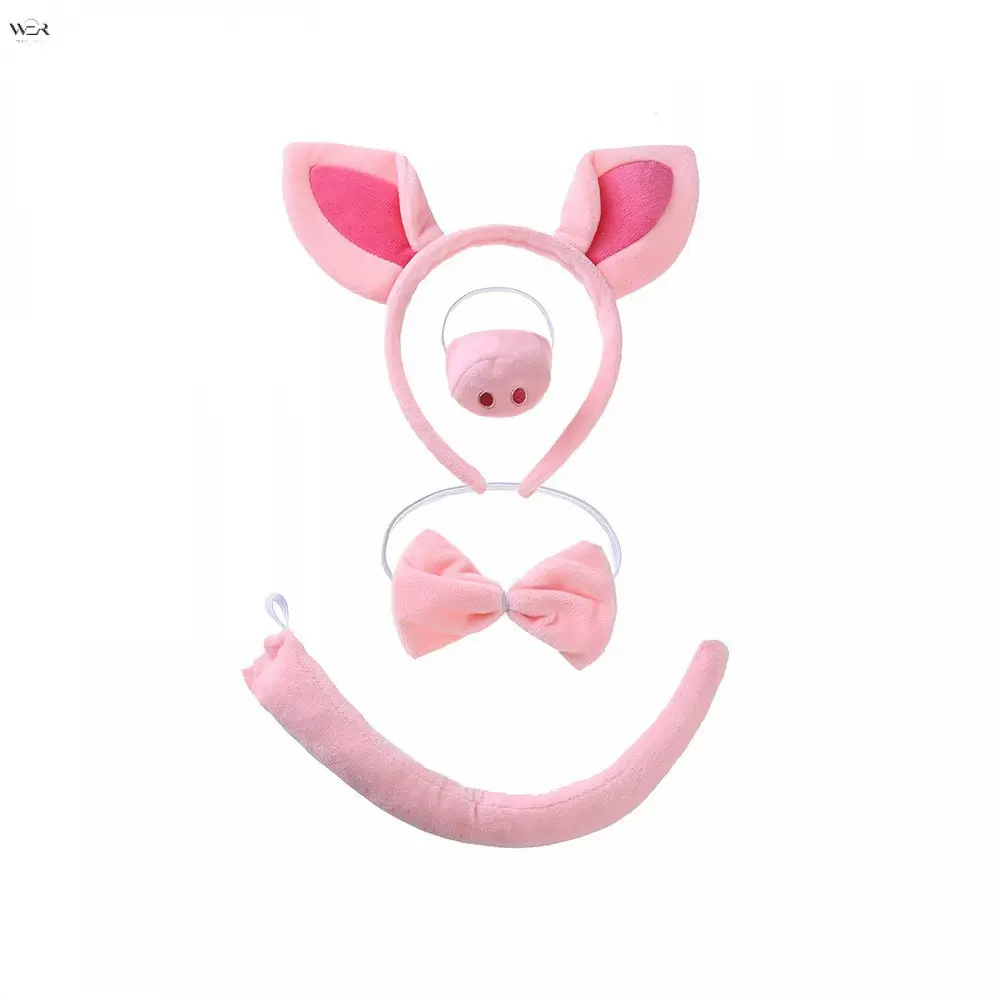 4Pcs Pink Pig Animal Costume Accessory Set Plush Pig Ears Headband Nose Bow Tie Tail Kit Halloween Cosplay Farm Animal Party Fancy Dress Up Prop for Kids Adults