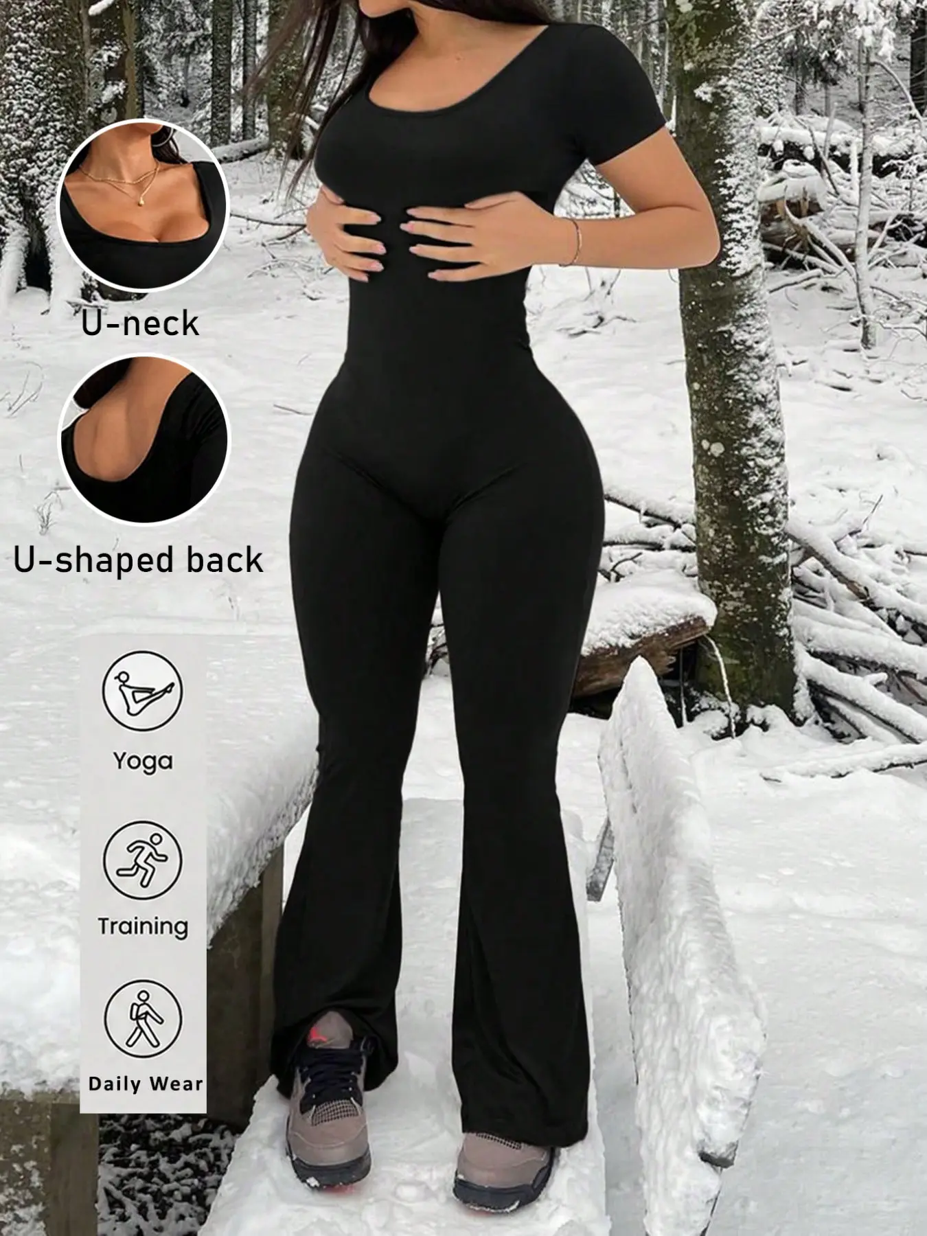 Casual solid short sleeve flared jumpsuit, U-neck black slim onesie with stretch knit fabric. High waist design lengthens leg proportion, trendy European streetwear. Great for yoga training and daily outing, simple versatile slimming one piece long pants.