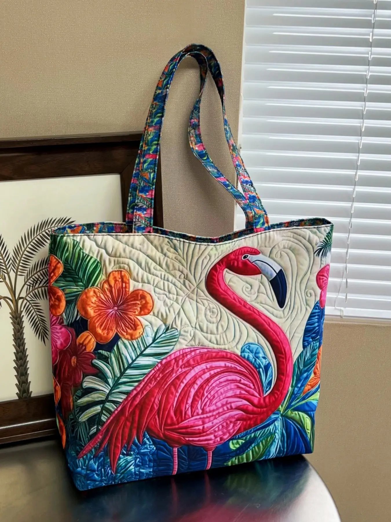 2026 New Vintage Flamingo Print Quilted Tote Bag, Tropical Floral Color, Large Capacity Shoulder Handbag, Casual Everyday Bag, Beach Vacation Shopping Bag