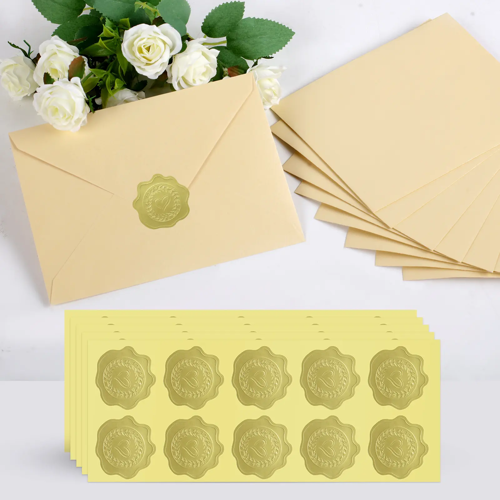 A7 Pearl Envelopes with Gold Sealing Stickers, Self Adhesive Shimmer Metallic Invitation Envelopes for Wedding, Birthday, Christmas and Party Invitations