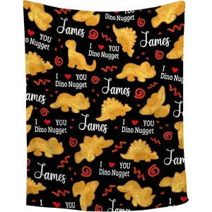 Custom Name Dino Nugget Flannel Throw Blanket, Personalized I ❤️   YOU Dino Nugget Funny Dinosaur Chicken Pattern, Soft Cozy Warm Throw for Couch Bed, Birthday Gift for Boys Kids Toddler, Customizable Name Text Cute Room Decor