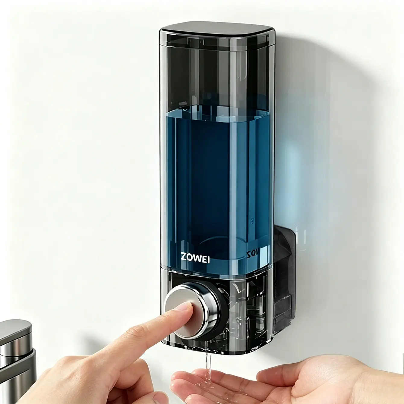 Wall-Mounted Soap Dispenser for Bathroom & Kitchen, No-Drill Acrylic Shampoo Rack, Rustproof Pump Head, Reusable Liquid Holder