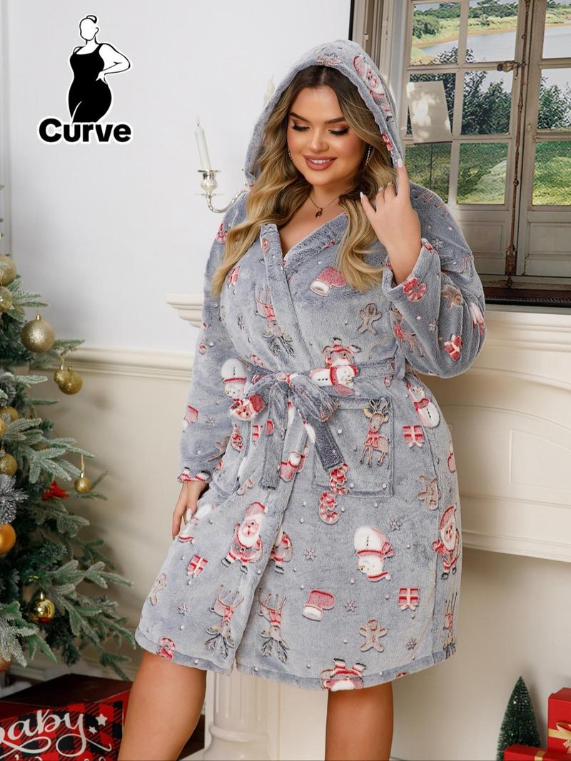 【Plus Size】 Halloween Themed Cartoon Pumpkin Print Glow In The Dark Belted Hooded Lounge Robe, Casual Long Sleeve Pocket Design Dressing Gown, Women's Fluffy Pajamas for Fall & Winter 【Plus Size】 Halloween Themed Cartoon Pumpkin Print Glow In The Dark Belted Hooded Lounge Robe, Casual Long Sleeve Pocket Design Dressing Gown, Women's Fluffy Pajamas for Fall & Winter