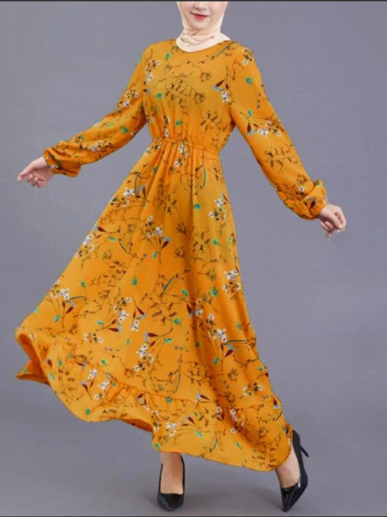 Floral Long Sleeve Dress for Women, Modest Fashionable Spring & Fall Waist Cinch Slim Fit Midi Skirt, French Vintage Style Print Dress