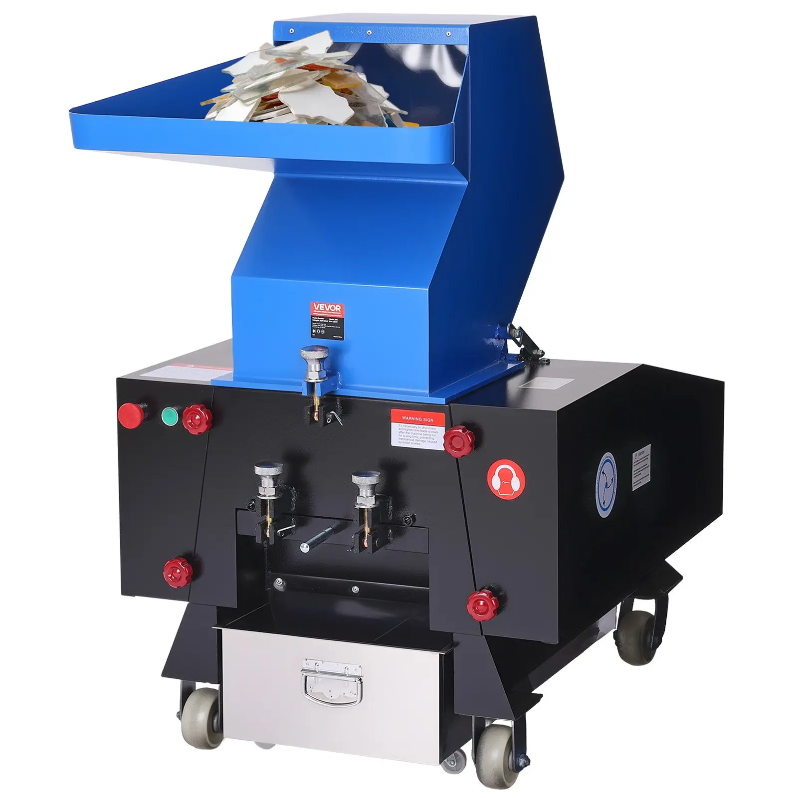VEVOR 10HP/7.5KW Plastic Shredder Crusher - 250-450kg/h Capacity Granulator Pulverizer with Wheels, SDK-11 Blade, 10mm Mesh, Grinds Plastics for PVC PTFE (220V 60Hz 3-Phase)