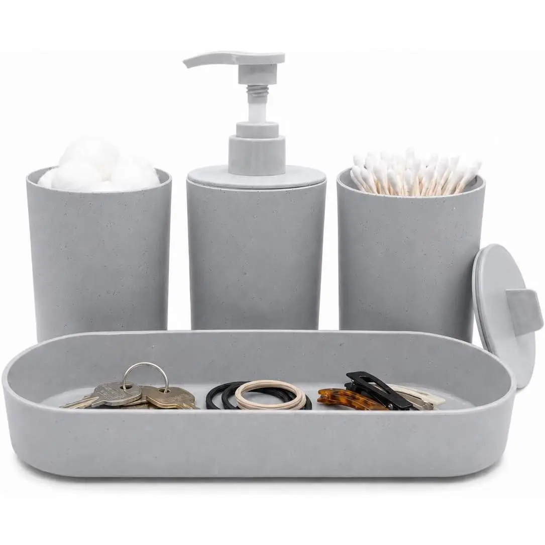 4-Piece Light Gray Plastic Bathroom Organizer Set, with Lotion Soap Dispenser, Tumbler, Cotton Swab Cup & Vanity Tray (7.87" * 2.56") – Bathroom Decor for Apartment, Dorm & Guest Bath