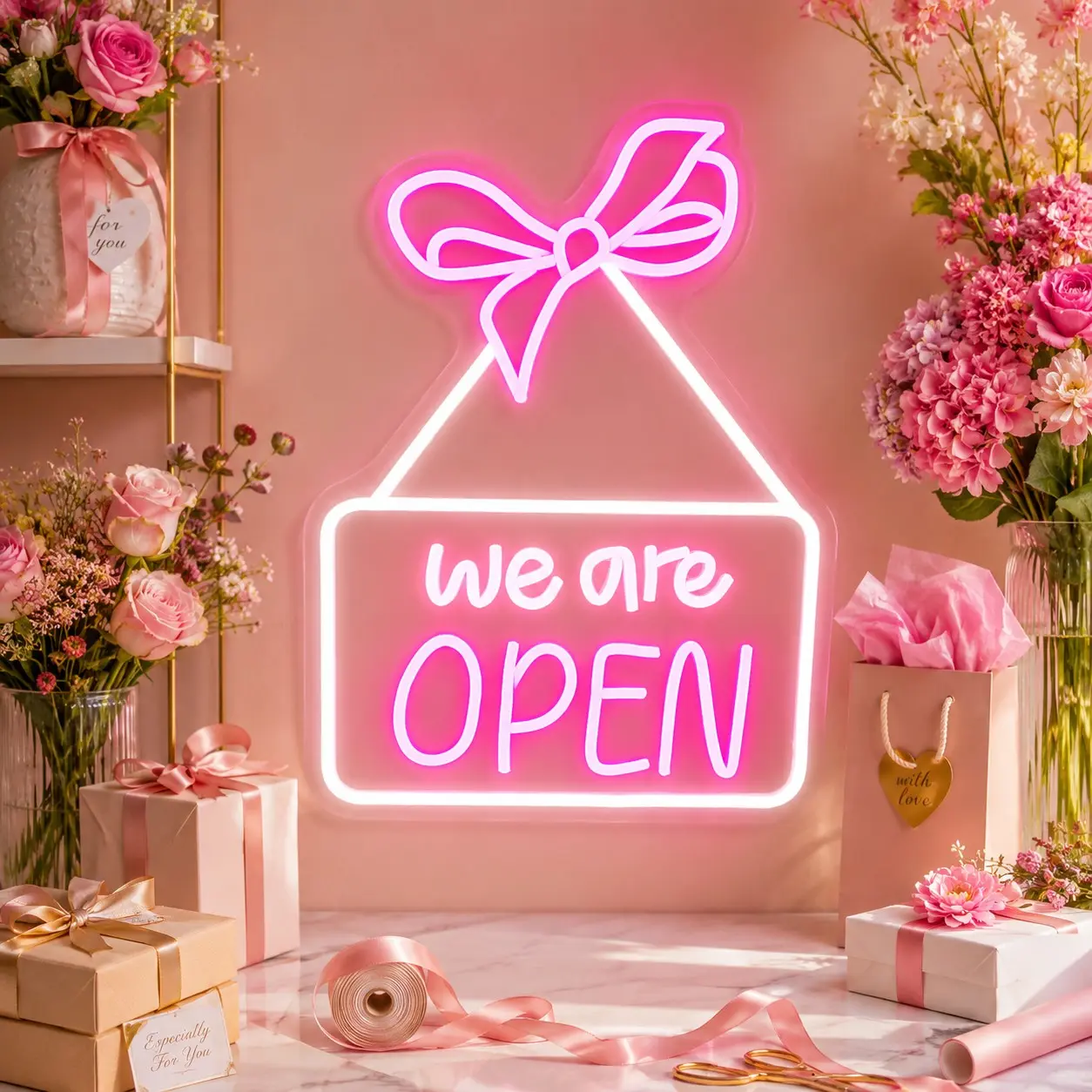 1pc We Are Open Neon Sign, Led Neon Signs, Pink Bow Boutique Style LED Wall Light, White Pink Acrylic Hanging Decor, Plug-in Storefront Welcome Lamp for Small Business, Salon, Cafe, Bedroom, Gift for Shop Owners and Room Decor Wall Art