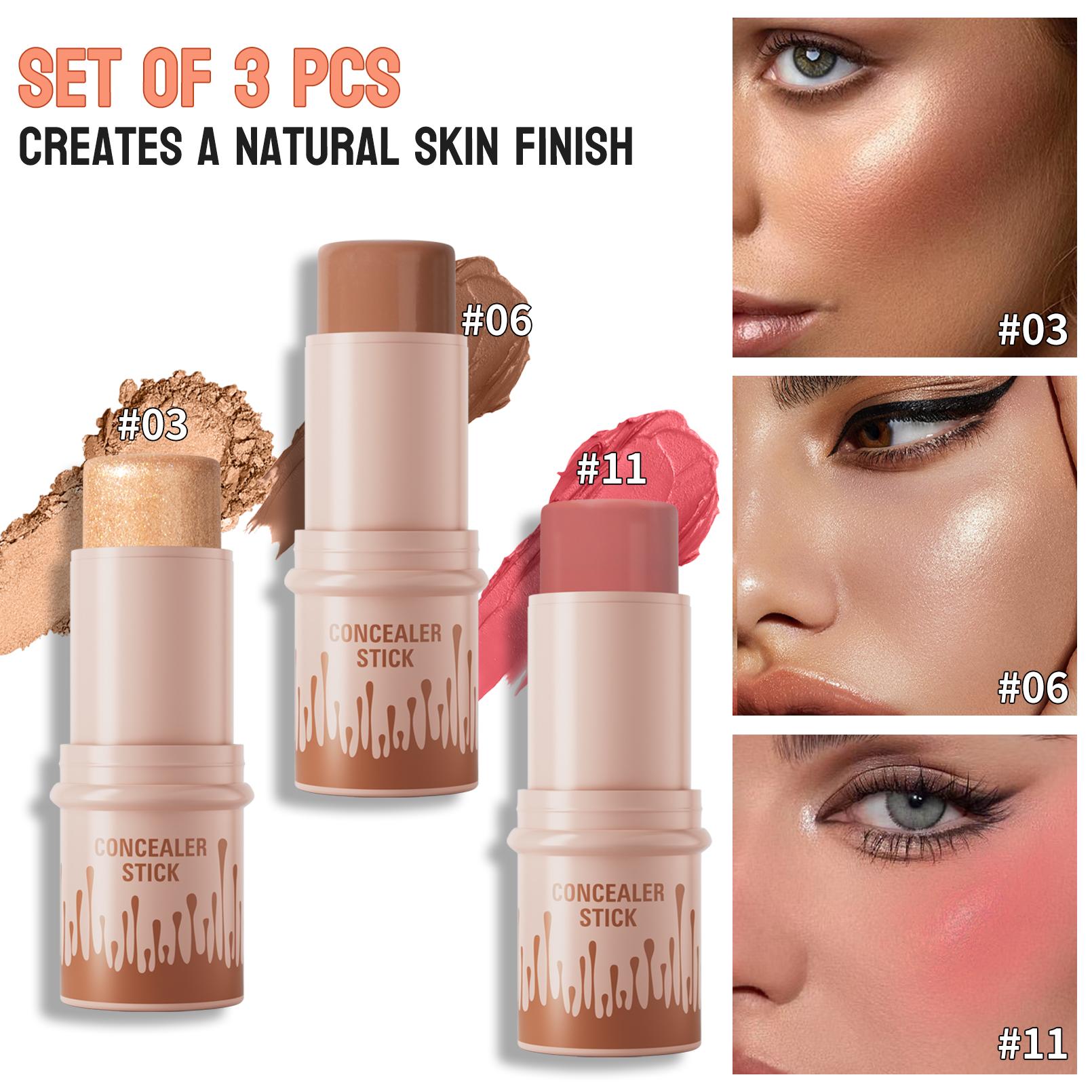 Long-Lasting Concealer Stick, 3 Counts/set Highlighter Balm, Blush & Contouring Stick, Facial Makeup Tools for Women & Girls, Bronzer Makeup