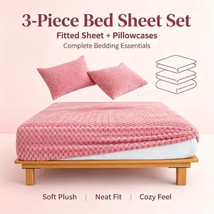 Cozy Embossed Grid Plush Mattress Cover Set With Two Pillowcases, Ultra Soft Warm Winter Bedding, Complete Surround Elastic Non-Slide Fitted Sheet, Wrinkle Resistant Gentle Bed Linens For Modern Home Interior