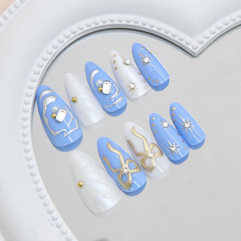 Elegant Ocean Blue Rhinestone Decorated Butterfly Nail Art Set, Removable European Style Manicure Tips with Star Pattern Rhinestones, 24pcs Glossy Finish Nails