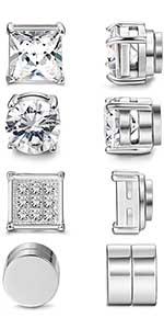 Jstyle 4 Pairs Stainless Steel Magnetic Stud Earrings for Men Women Silver Tone CZ Non-Piercing Clip On Stud Earrings Set 6-8MM