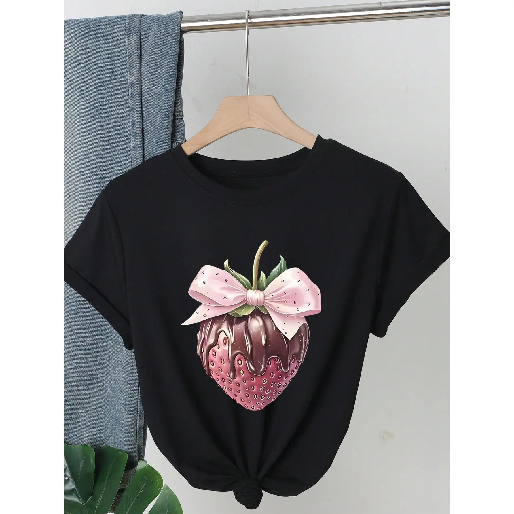 Women's Sports Casual Strawberry & Bow All Over Print Short Sleeve Round Neck Top, Medium Stretch Fabric, Applique Details, Machine Washable All Season Playful Graphic Tee (Black), Shortsleeve, Strawberry Print, T-Shirt Top