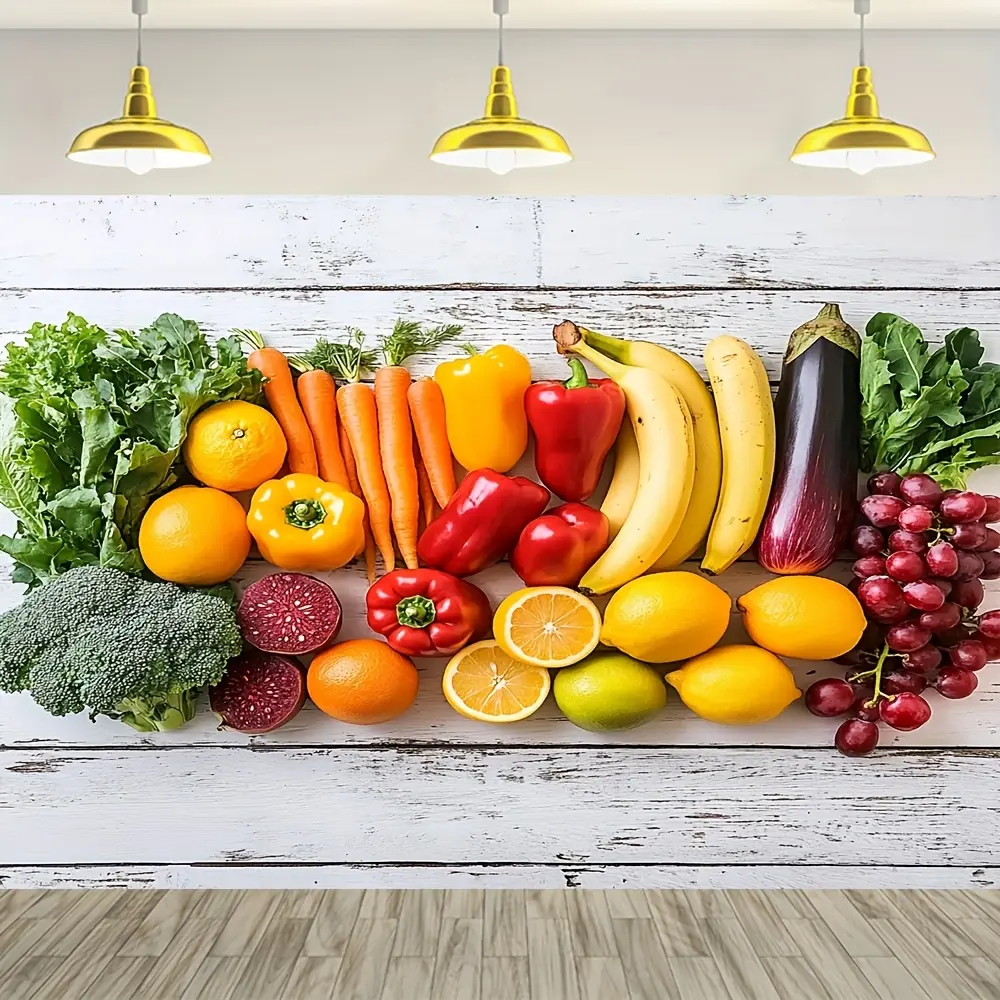 Harvest Festival Happy Tapestry Fresh Fruits And Vegetables On White Wood Background Polyester for Spring/Summer Parties, Birthdays, Anniversaries