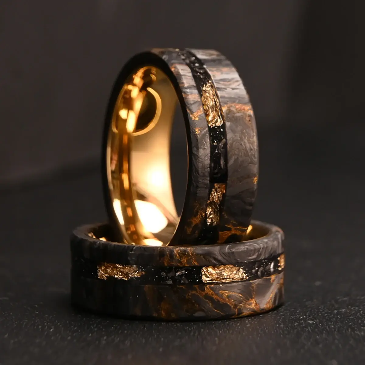 Men's 8mm Comfort Fit Tungsten Carbide Wedding Band - Carbon Fiber and Gold Leaf Inlay, Scratch-Resistant Male Wear Costume Jewelry Fashion Accessory