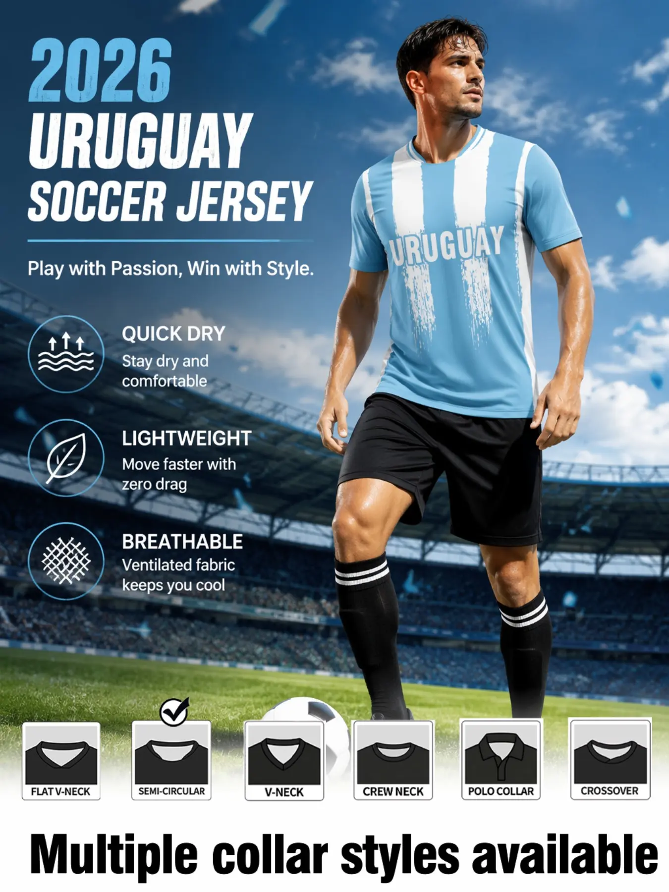 2026 Men's Uruguay Sport Short Sleeve Top, Loose Fit Jersey, Vertical Stripe Print, Ideal for Stadium, Outdoor, Streetwear, Football Fans