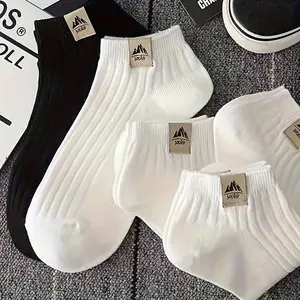 5 Pairs of Fashionable and Simple Snow Mountain Logo Short Socks - White and Black Socks, Versatile for Daily Use, Can Be Worn All Year Round, Comfortable, Breathable and Soft