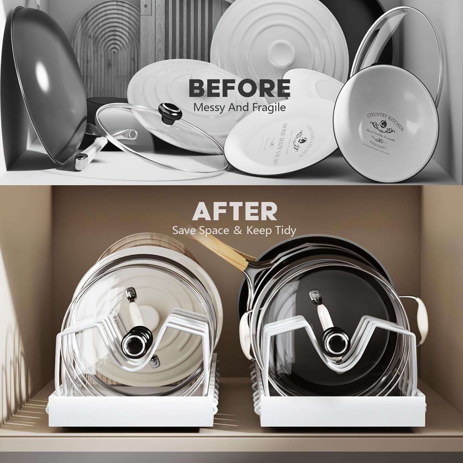 Cookware and Frying Pan Storage Rack with Sliding Lid Box, Suitable for Under Cabinet Use, Adjustable Divider Plate Lid Holder Designed for Kitchen Cabinets and Baking Utensils
