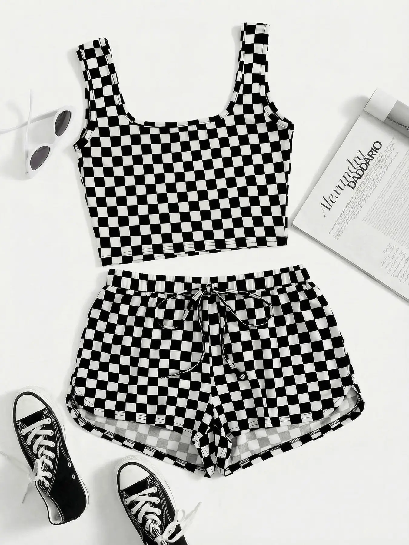 2 Piece Square Neck Checkerboard Cropped Cami & Drawstring Elastic Waist Shorts Set