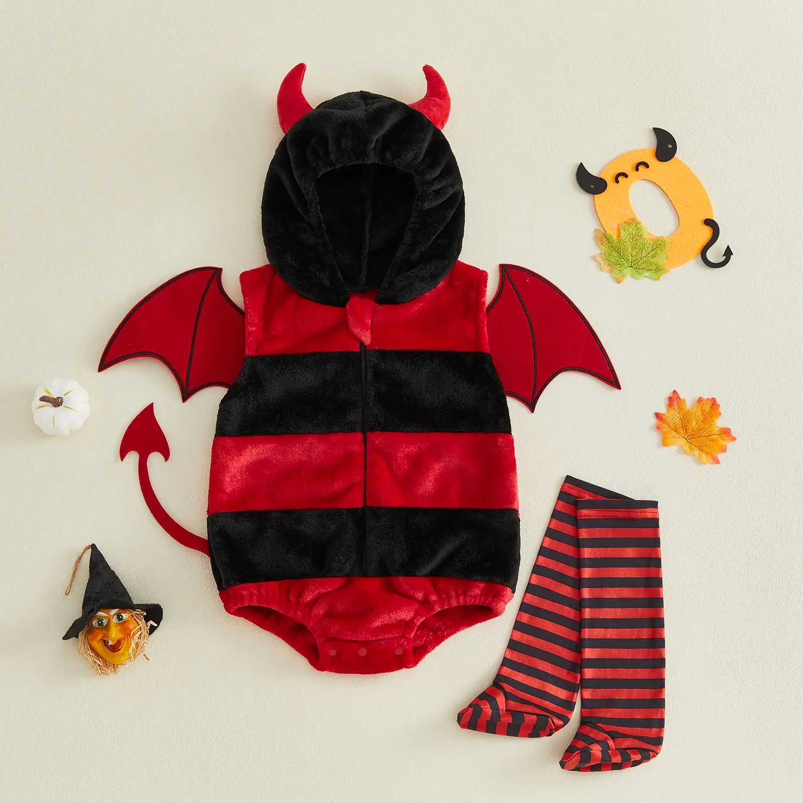 Meihuida Infant Baby Boy Girl Devil Costume with Striped Stockings Set Fleece Sleeveless Hooded Romper Halloween Cosplay 0-18 Months