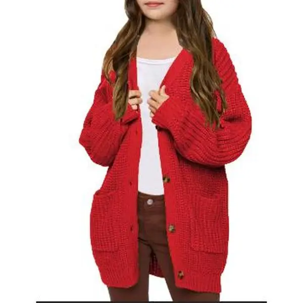 Girls' Chunky Cardigan Sweater - 100% Acrylic Ribbed Knit Button Down Outwear, Kids Casual Loose Fit Open Front Long Sleeve Jacket with Pockets GSB QK