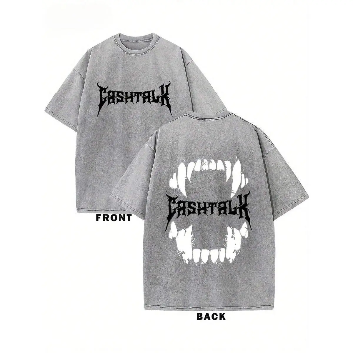 Mens Retro Washed Cotton Round Neck Tshirt - Streetwear, Dark Punk Top with Cash Talk & Monster Fangs Dual Print - Casual Menswear for Underground Music Festival, Outdoor Vacation, Fashion, Outdoors, Short, T-Shirt, Vintage, Retro Horror Men's Short-Sleev