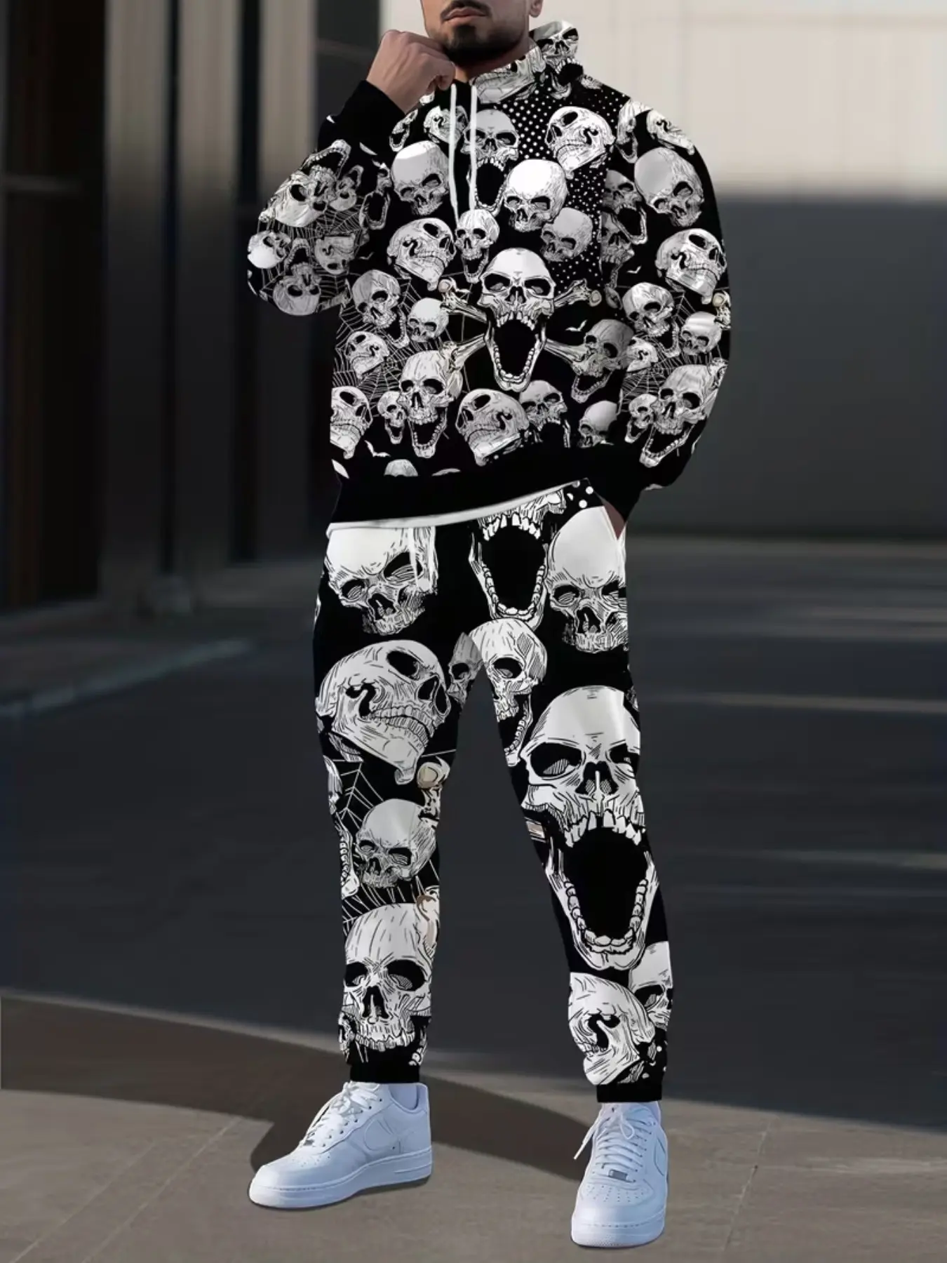 Men's Halloween Skull Pattern Hoodie Set, Long Sleeve Fitted Jacket, Ankle-Length Pants, Casual Streetwear Two-Piece