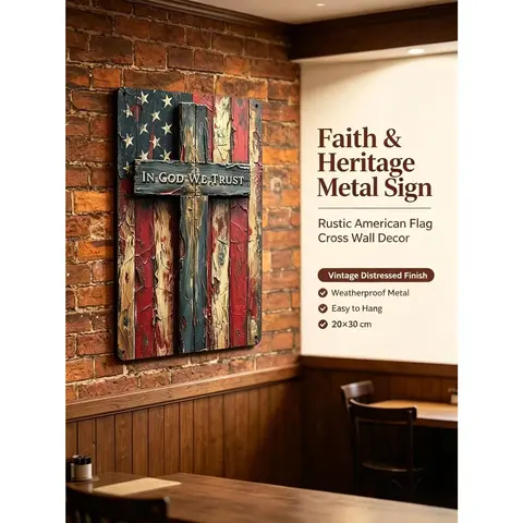 Vintage Christian Patriotic Lightweight Aluminium Wall Art Sign - "In God We Trust" Distressed Cross-Flag Blend UV-Print Plaque, 8x12in/20x30cm 1pc, Rustic Pre-Drilled Holes Decorative Indoor-Outdoor Home Gift