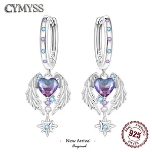 Original 925 Sterling Silver Angel Wing Heart Zircon Stud Earrings Women Guardian Love Charm Fine Jewelry Birthday Party Gift