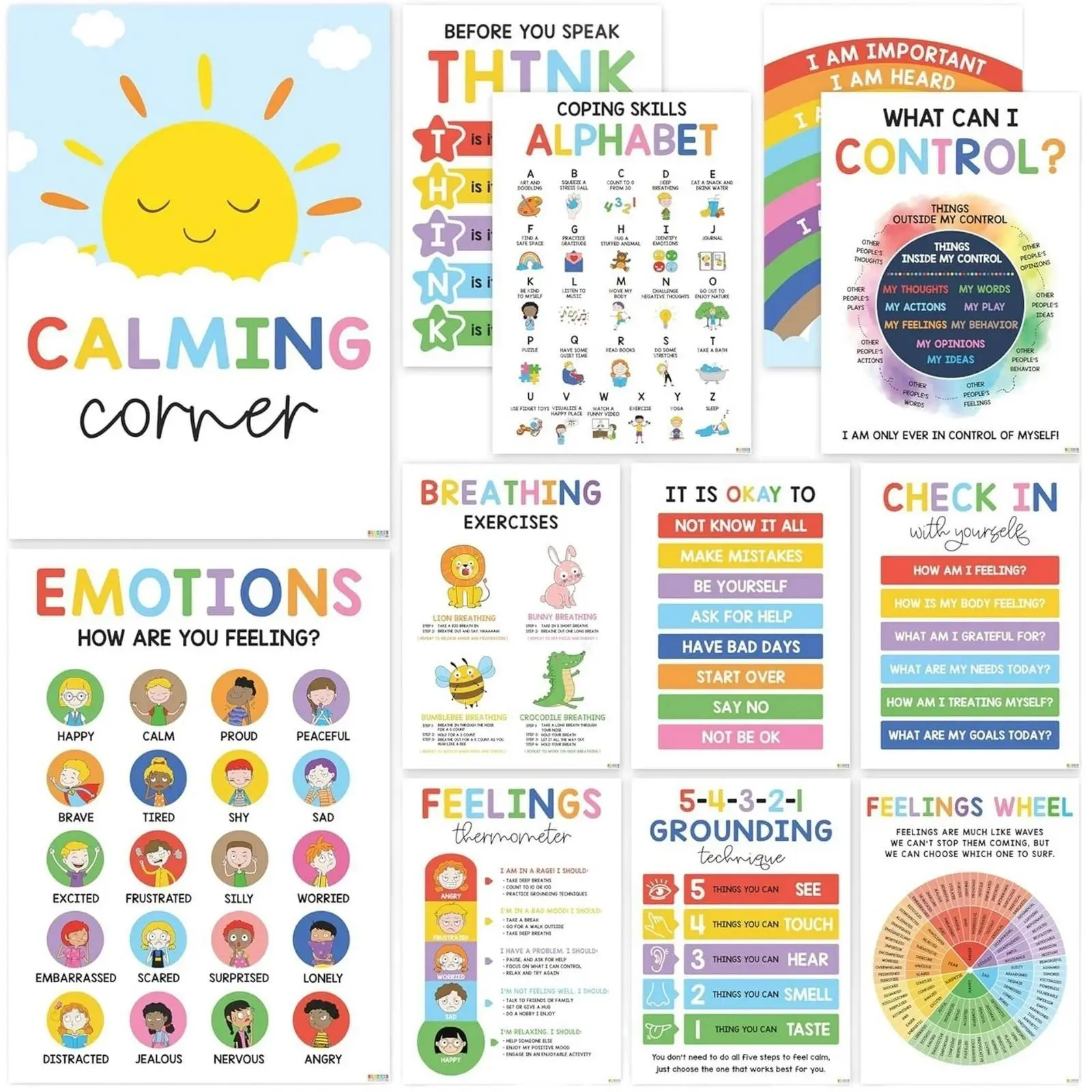 12 Kids Emotion Charts, Frameless Calm Corner Posters, Classroom Teacher Emotional Guide, Vibrant Educational Posters