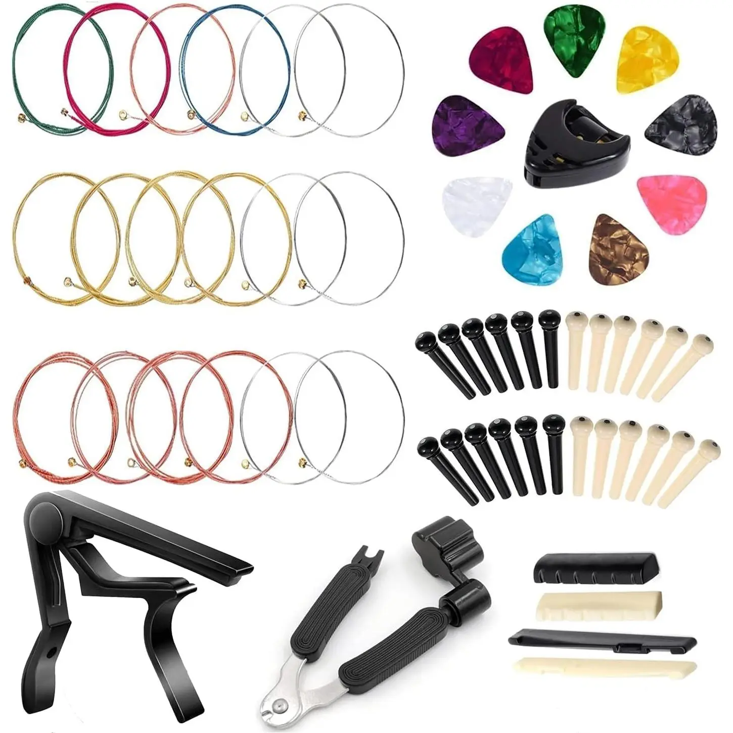 Guitar Accessories Kit - Acoustic Guitar Strings, Capo, 3-in-1 Restring Tool, Picks, Picks Box, Bridge Pins, Nuts & Saddles (58 Pcs)