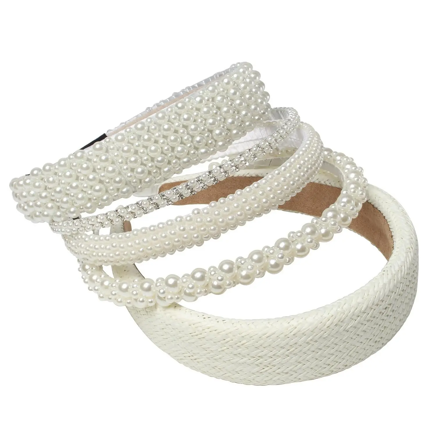 Pearl Headbands for Women Girls Wide Padded Straw Headband Cute White Pearl Dainty Headbands Bling Wedding Hairbands Hair Accessories Pack of 5 (Color B)