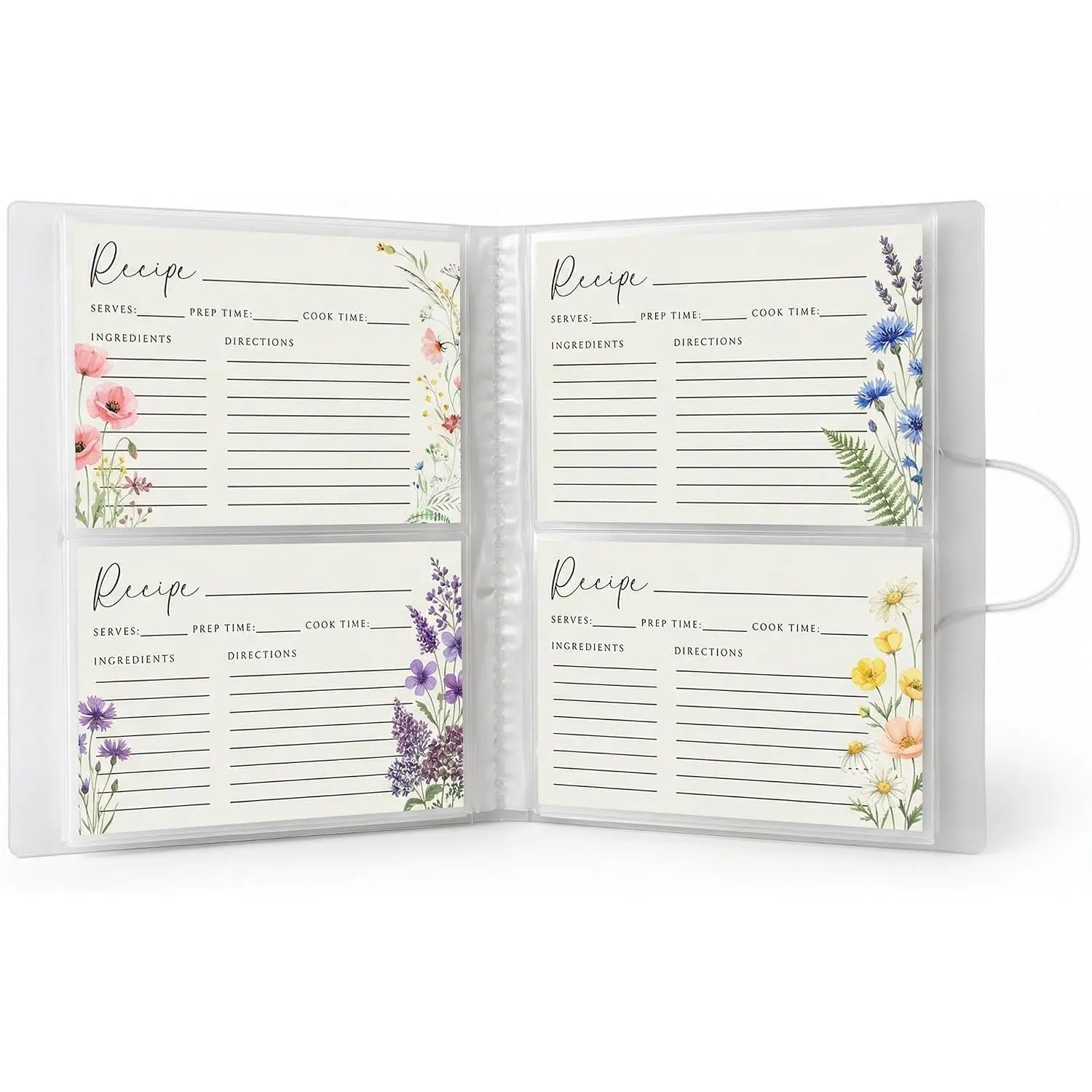 4x6 Recipe Card Holder Book with Plastic Sleeve Protectors, Recipe Organizer Fits 200 Cards, 50 Double-Sided Clear Pages for Recipes, Index Card Storage with Elastic Closure