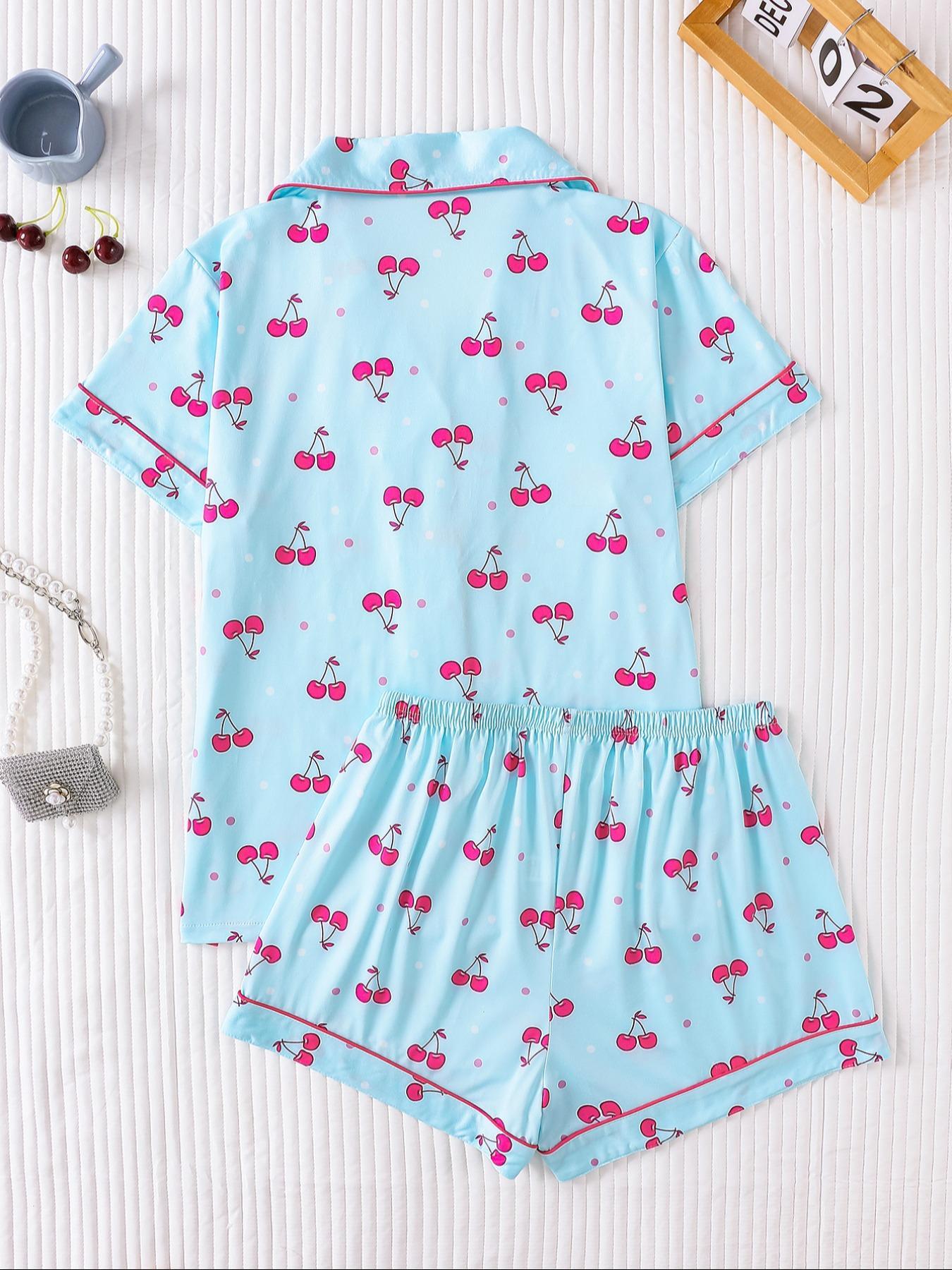 Two-piece Set Women's Cherry Print Top & Shorts Pyjama, Casual Comfy Short Sleeve Collared Top & Shorts Set, Ladies Sleepwear for Summer Pajama Set