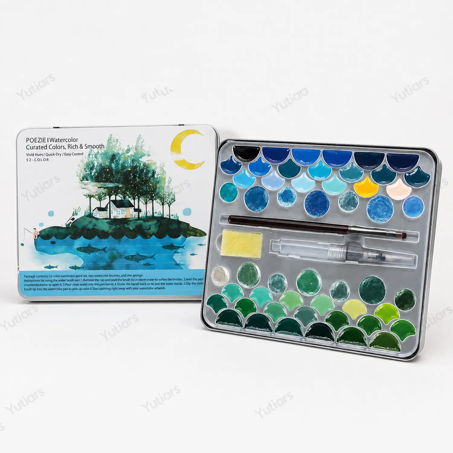 52 Colors Shell Watercolor Paint Set with Portable Metal Tin Box, Complete Art Kit with Water Brush, Detail Brush and Sponge for Painting
