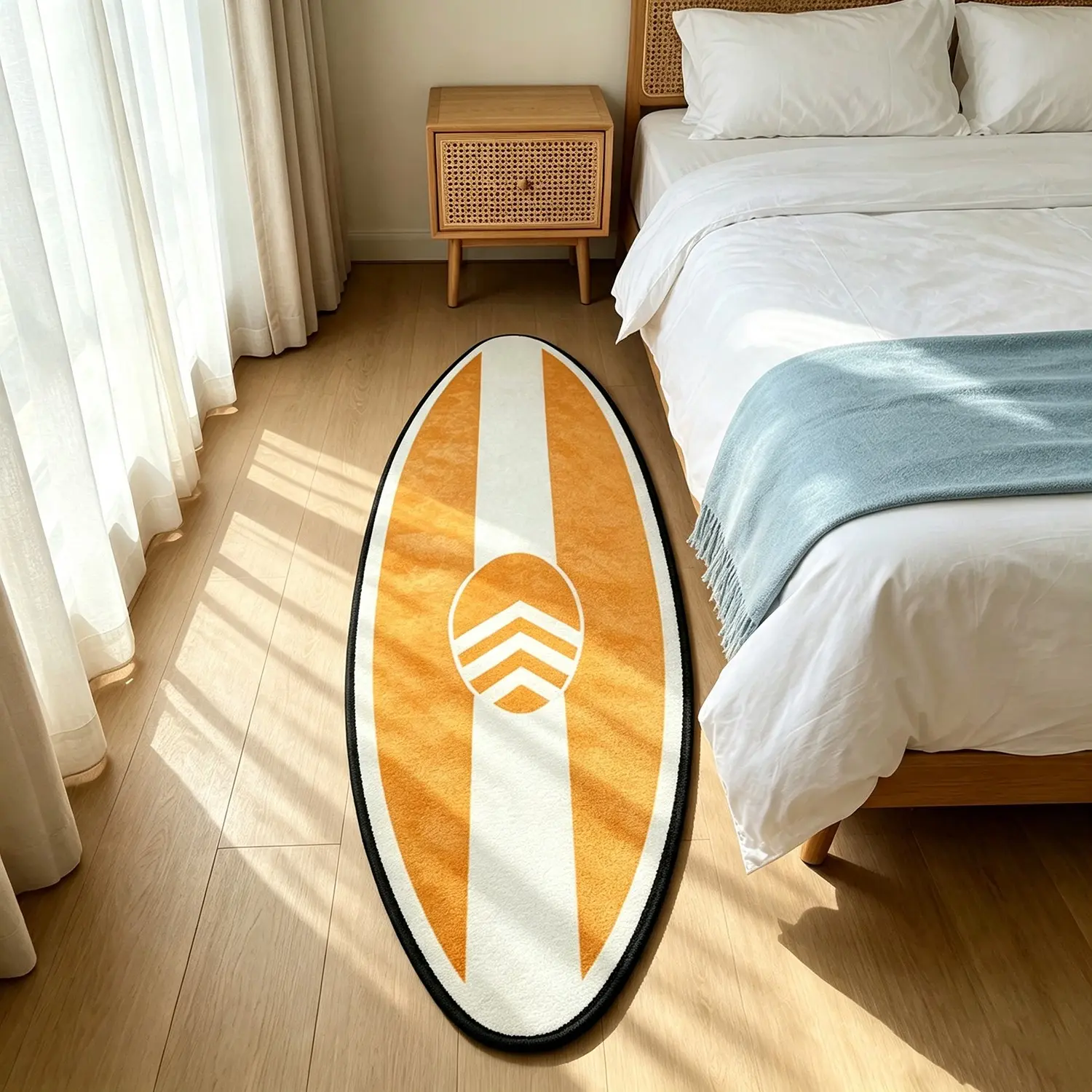 Beach Vacation Surfboard Rug, Retro Color Block Living Room Mat, Sunlit Sea View Decor, Perfect Gift for Sofa, Bed, Closet