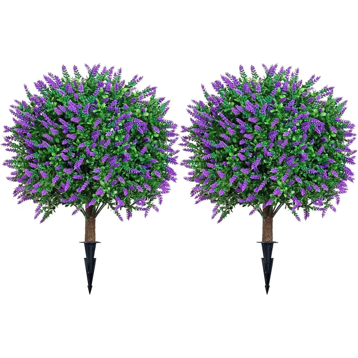 2 Pack Artificial Lavender Topiary Shrubs, 25 Inch UV Resistant Faux Greenery with Ground Plugs for Indoor Outdoor Porch, Patio & Garden Decor